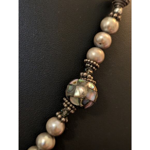 Vintage to Antique Sterling Silver Pearl Rock Quartz Abalone Shell Bead Necklace - Picture 7 of 10